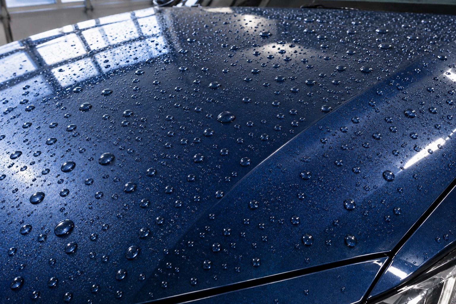 Example of water beading on a waxed blue car hood